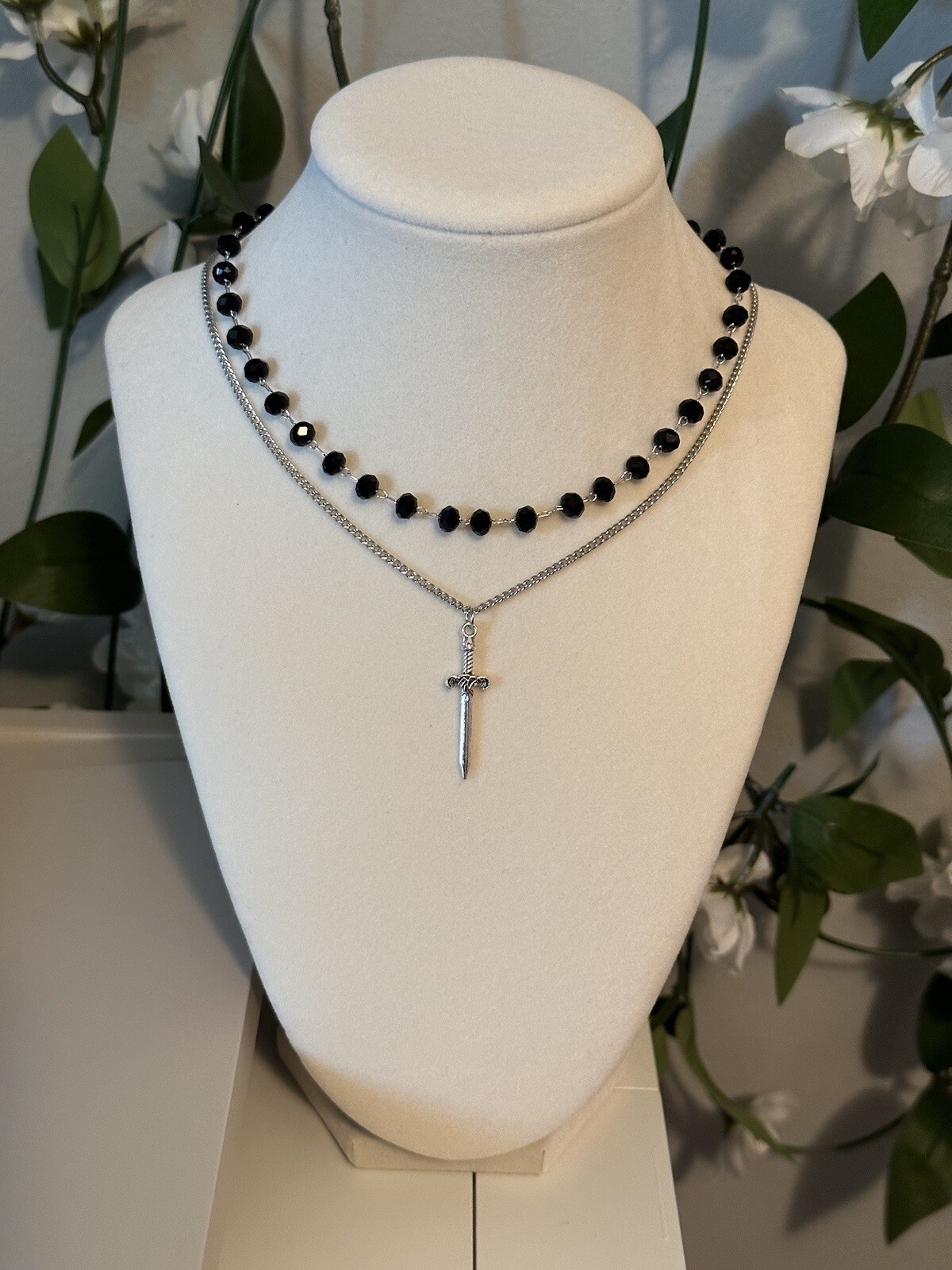 Sword Pendant Black Beaded Choker Necklace Luxury Double Layer Vintage Coquette