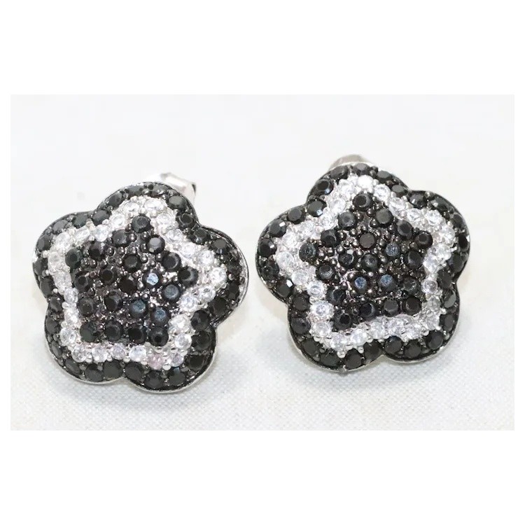 Sterling Silver Black And White Cubic Zirconia Flower Earrings