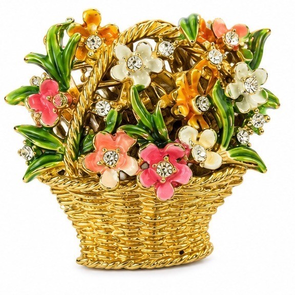 My Fair Lady Vintage Enamel Flower Basket Brooch Gold Tone Rhinestone Boquet Pin
