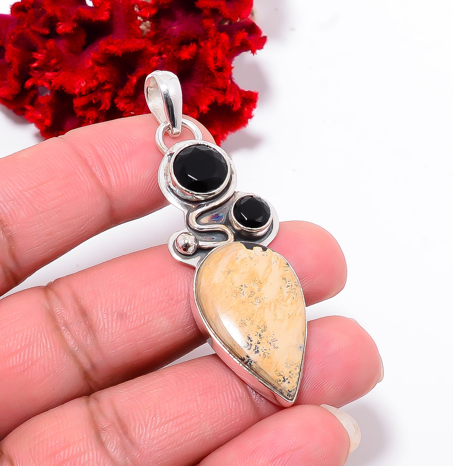 Picture Jasper – Oregon & Black Onyx 925 Sterling Silver Pendant 2.26″ P94355
