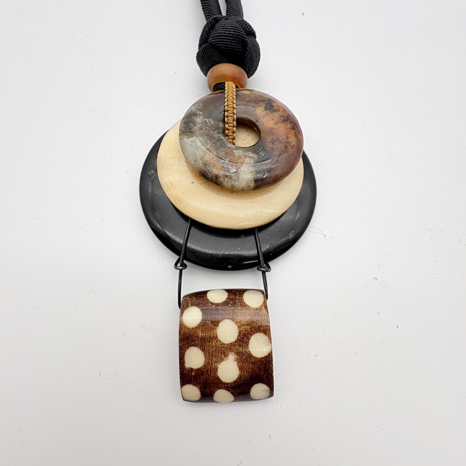 Pendant Statement Necklace Multicolor Discs Black Cord Adjustable Tie Jewelry