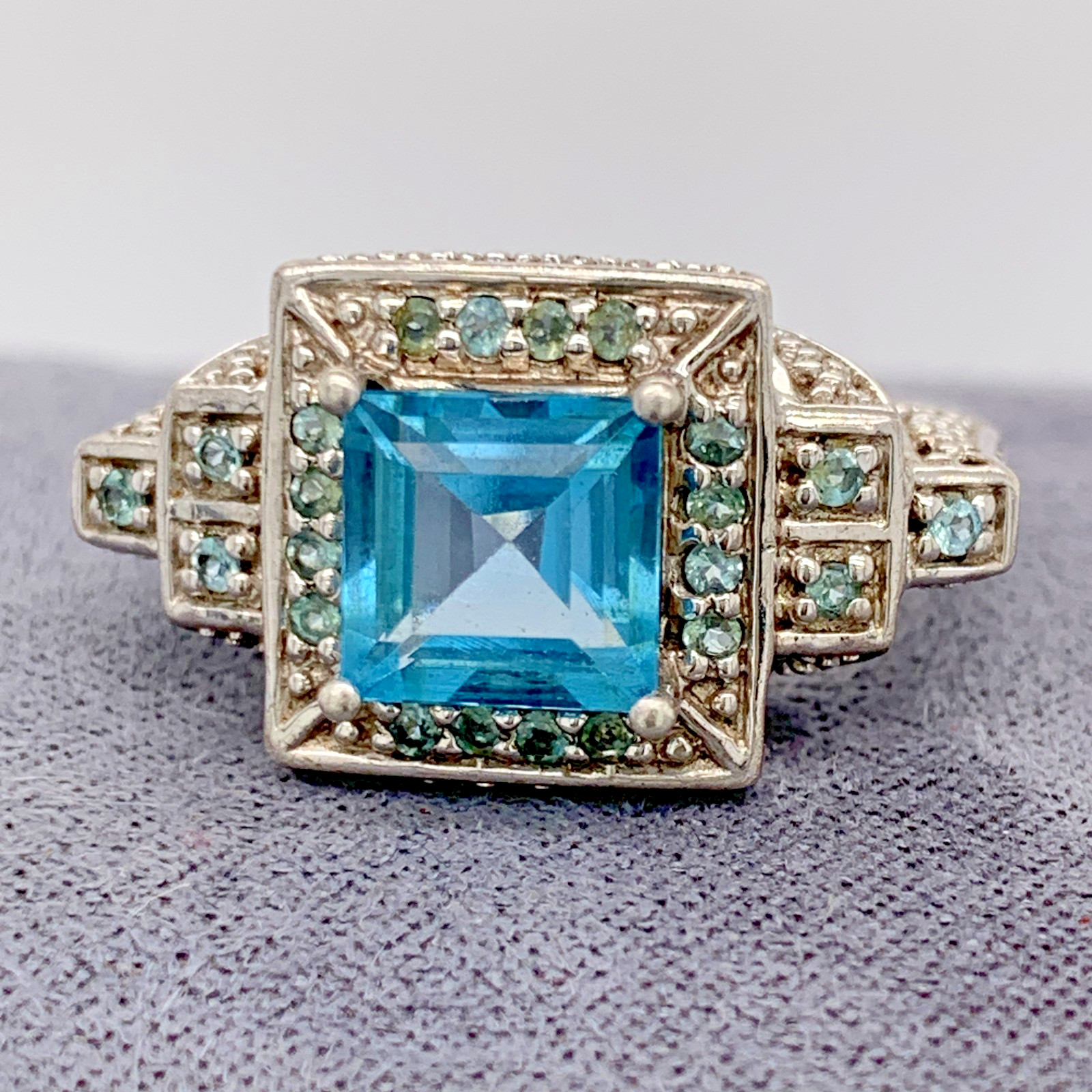 Sterling Silver Blue Topaz Art Deco Ring for Women Size 7