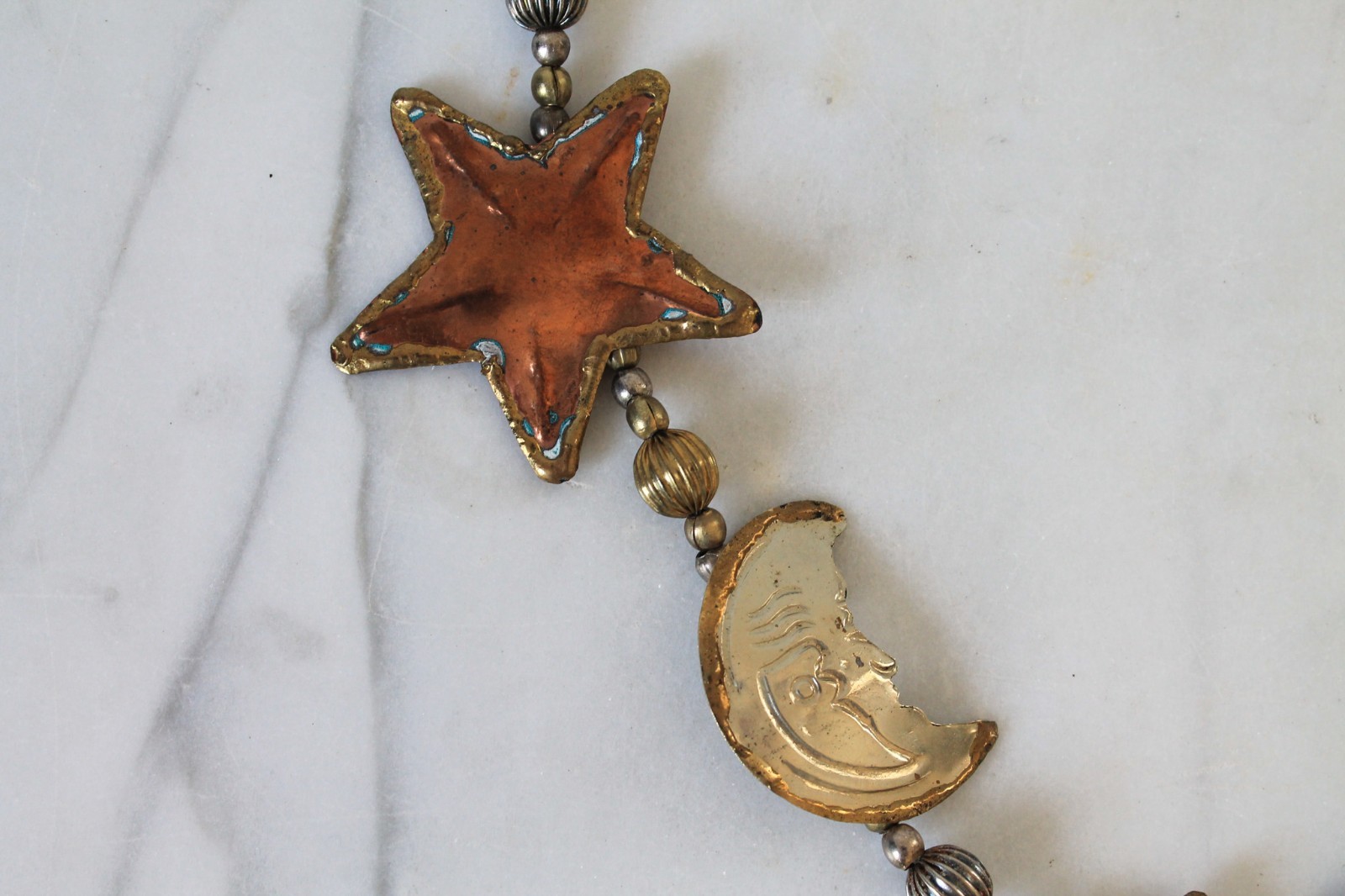 Vintage Handmade Sun Moon & Stars Necklace Celestial Brass Boho Chunky
