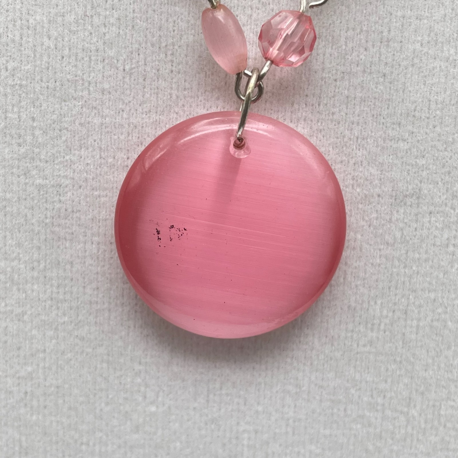 Vintage Silver-tone chain necklace with round pink pendant and accent beads 23In
