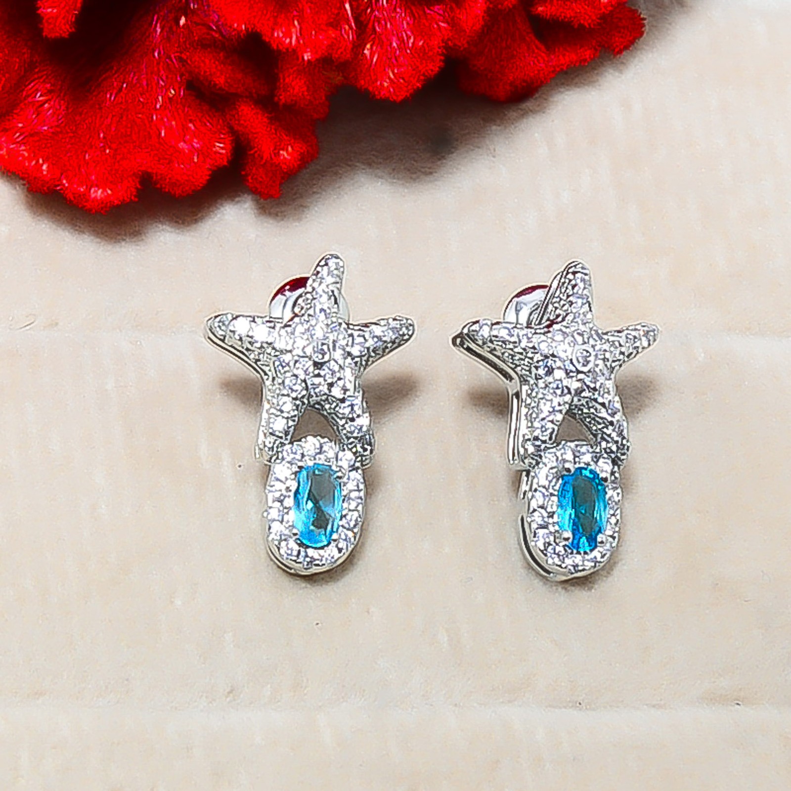 Blue Topaz & Cz 925 Sterling Silver Star Style Studs 0.80″ E15748