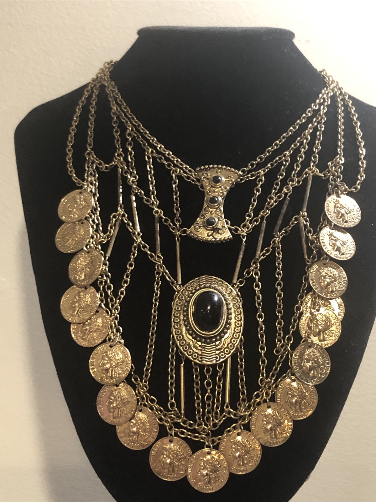 Bib Festoon Swag Necklace French Golden Coins Black Cabachon Costume Jewelry