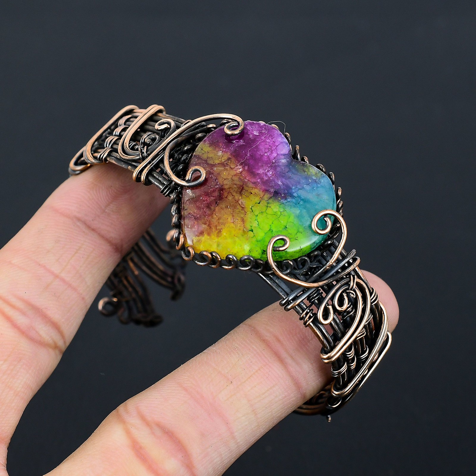 Rainbow Solar Quartz Gemstone Copper Wire Wrap Bangle Adjustable Gift for Her t0