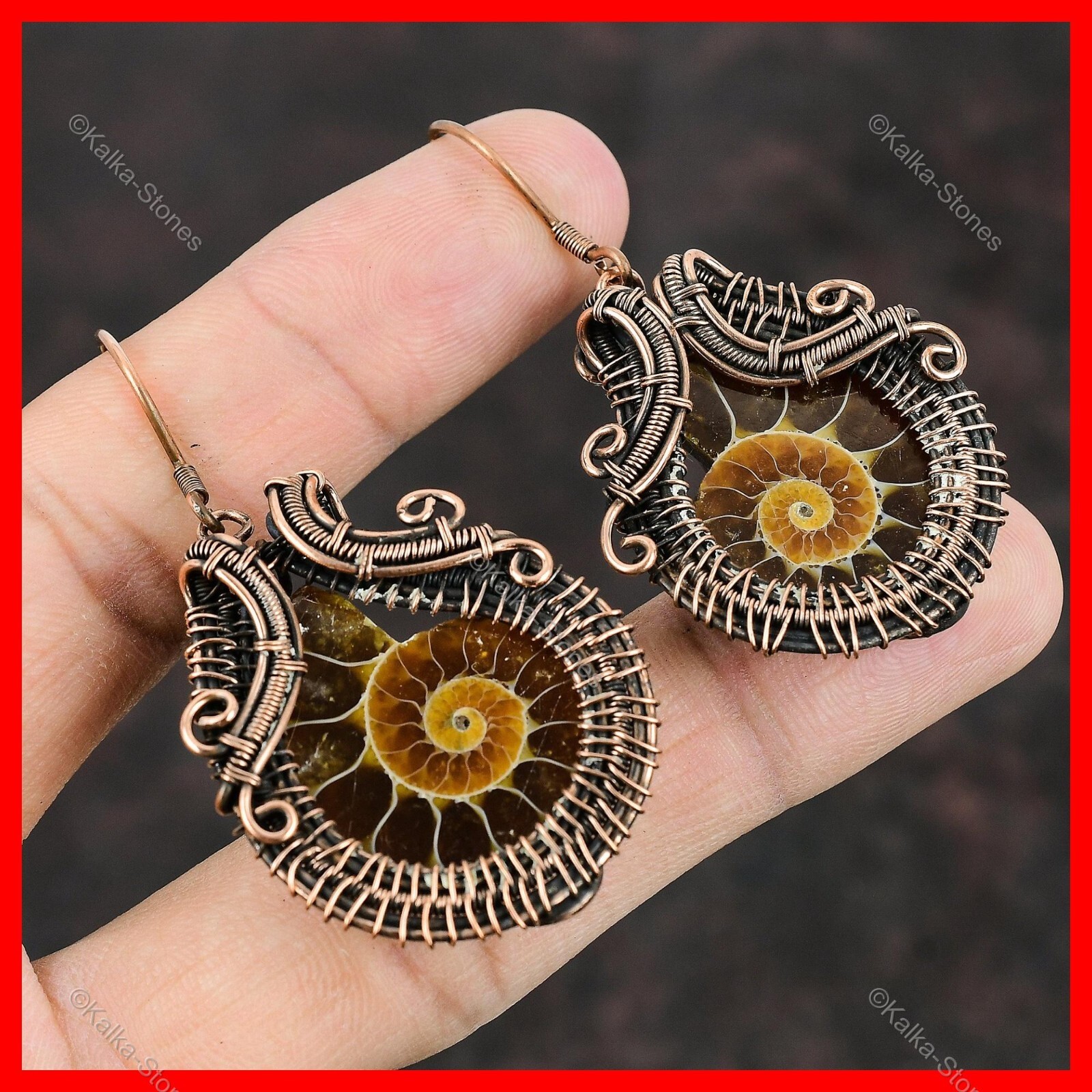 Womens day Deal Ammonite Fossil Stone Copper Wire Wrapped Dangling Hook Earrings