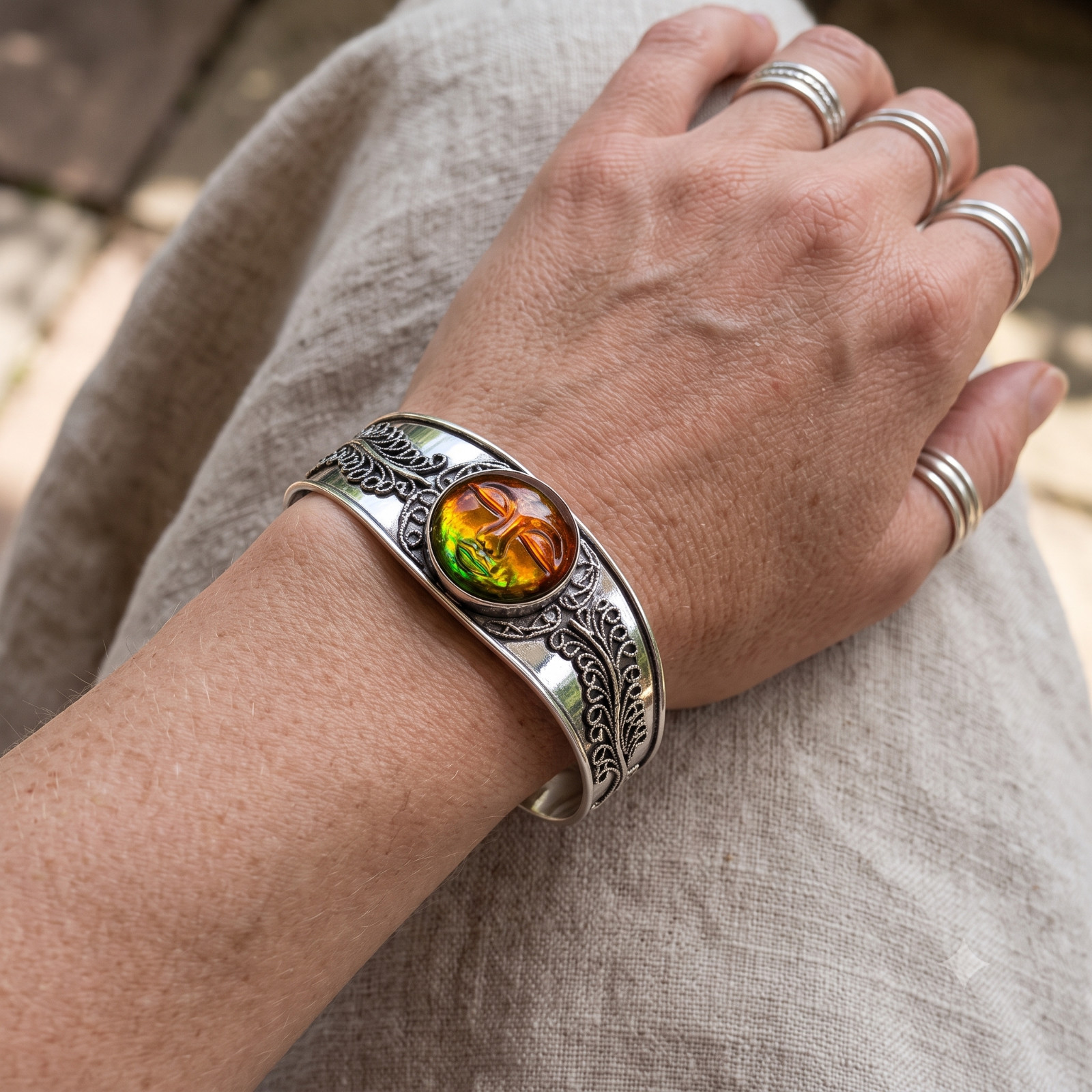 Bi-Color Praying Face Anniversary Engagement Wife Boho Cuff Jewelry 925 Silver