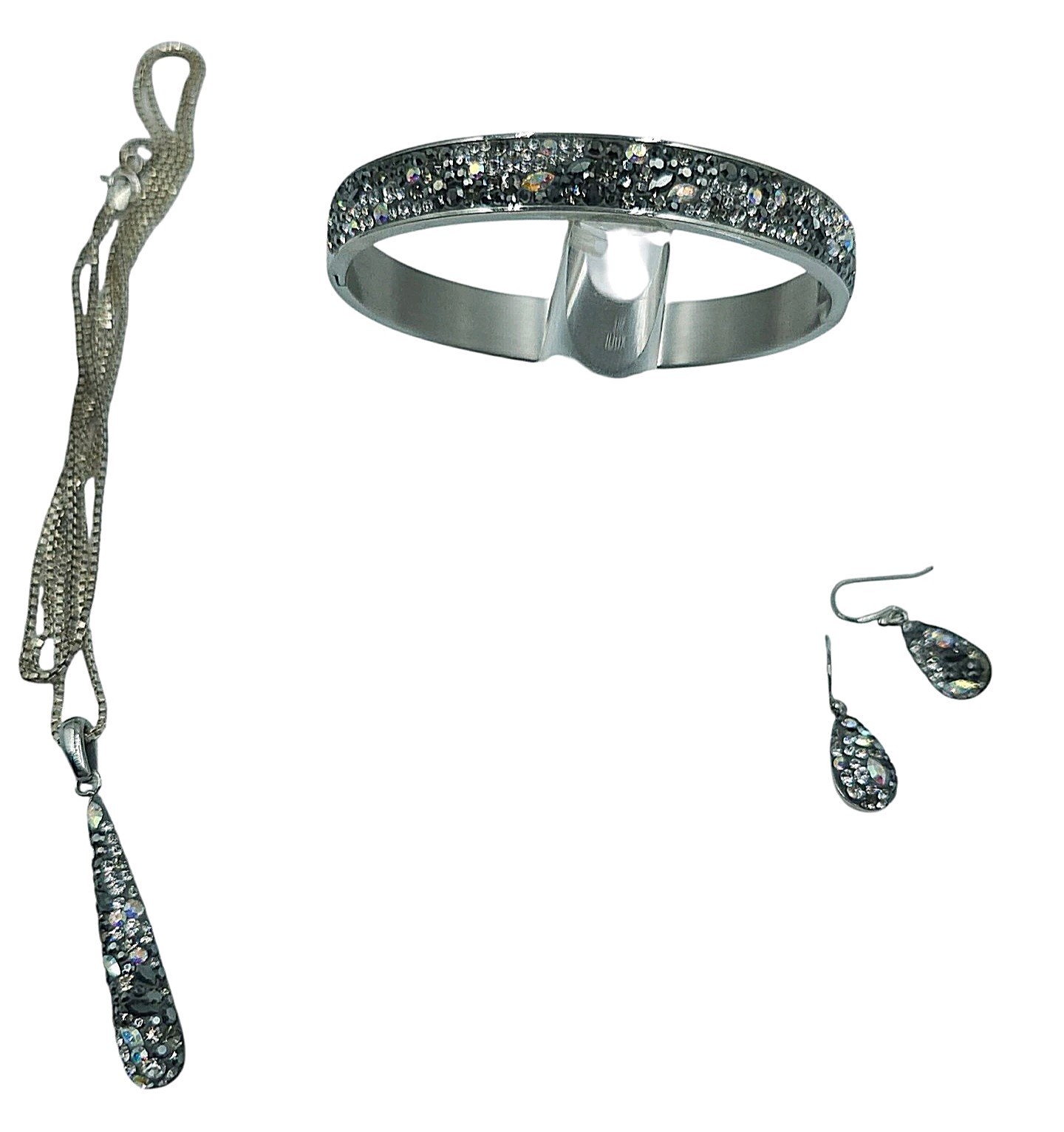INOX 316L Stainless Steel Silver Rhinestone Jewelry Set Bracelet Earrings