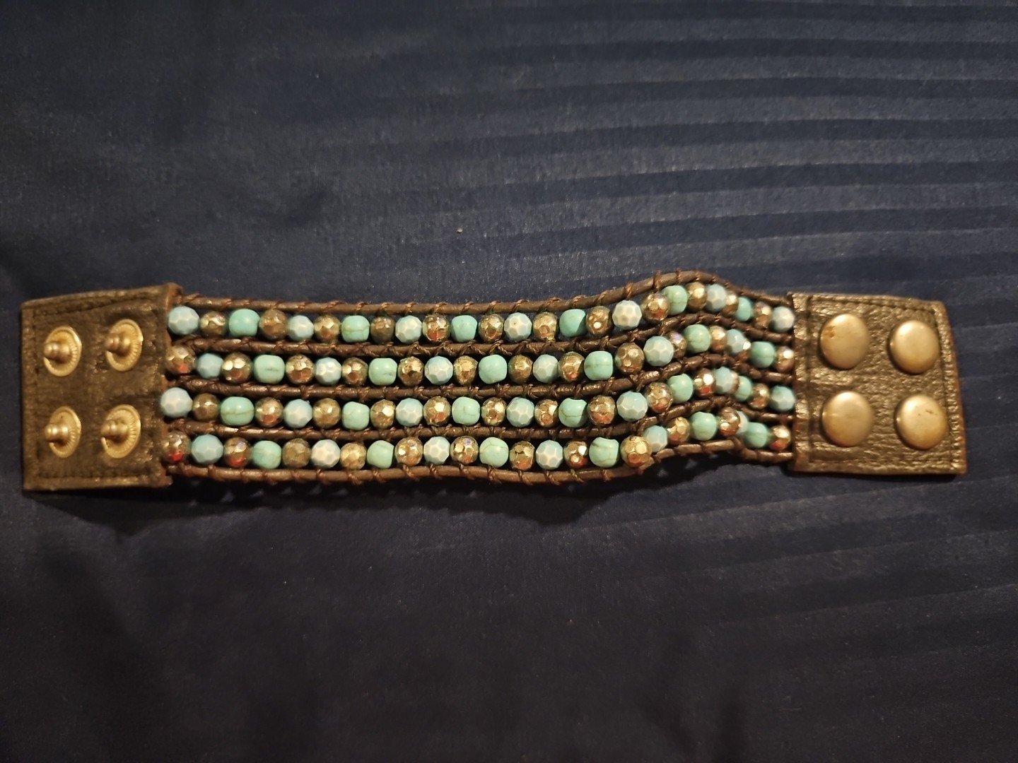 Turquoise Silver Bracelet Beaded Yik Fung Snap Closure Wide Cuff Faux Leather 9″