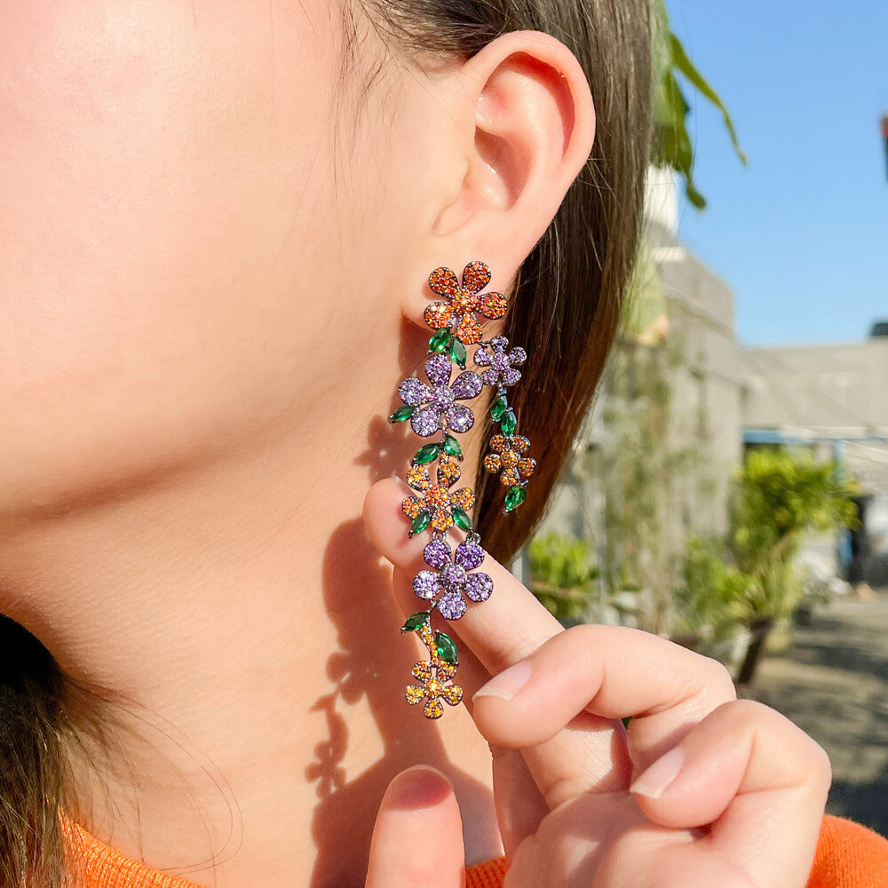 Cubic Zircon Flower Multicolor Leaf Dangle Drop Black Gold Plated Women Earrings