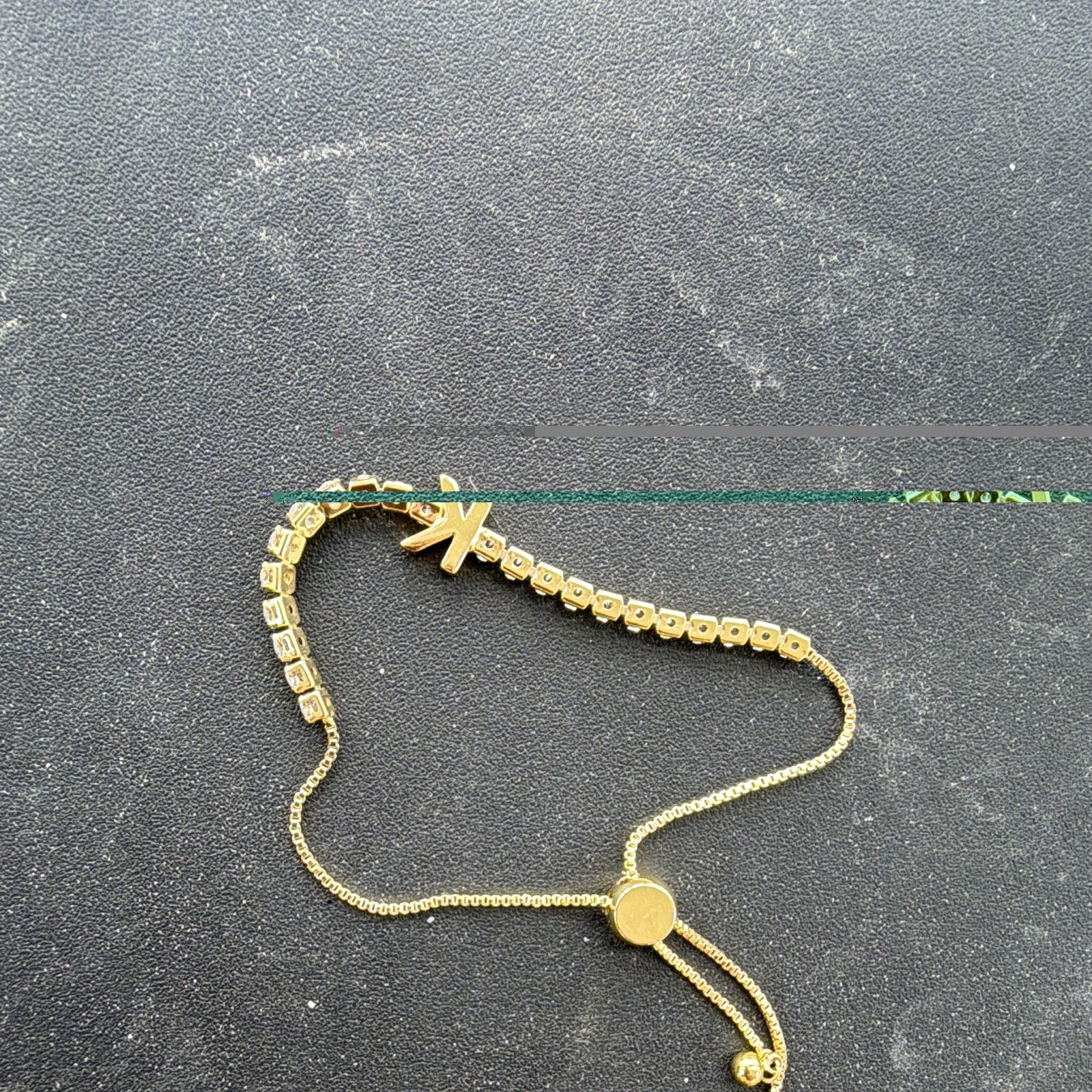 Gold Tone Adjustable Slide Box Chain Tennis Bracelet, Crystal Bar, K Charm