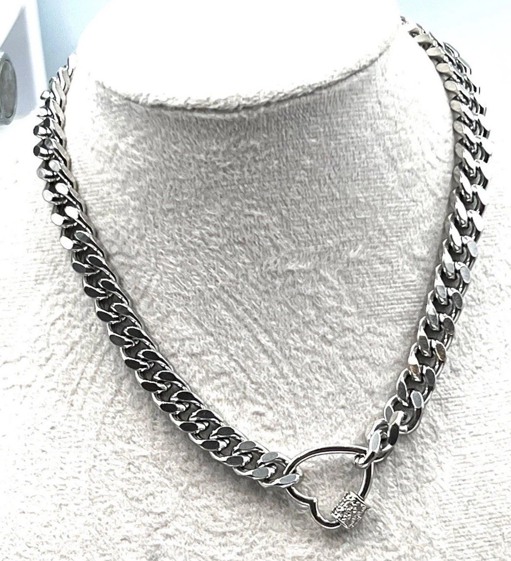 Dalmata Silver Tone Curb Chain Necklace Toggle Clasp Rhinestone
