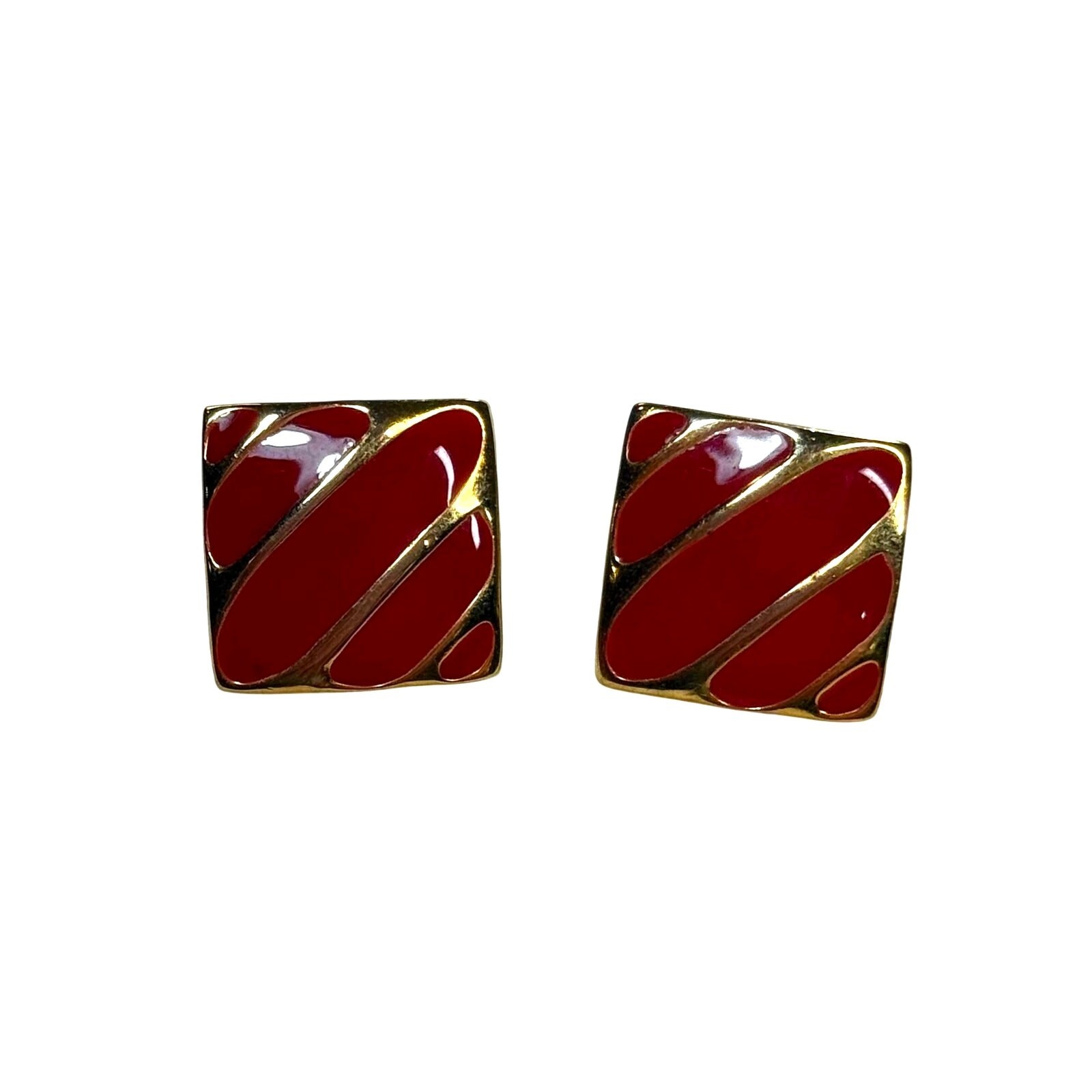 Vintage Red Enamel Square Earrings | Gold Tone Studs | No Maker Mark