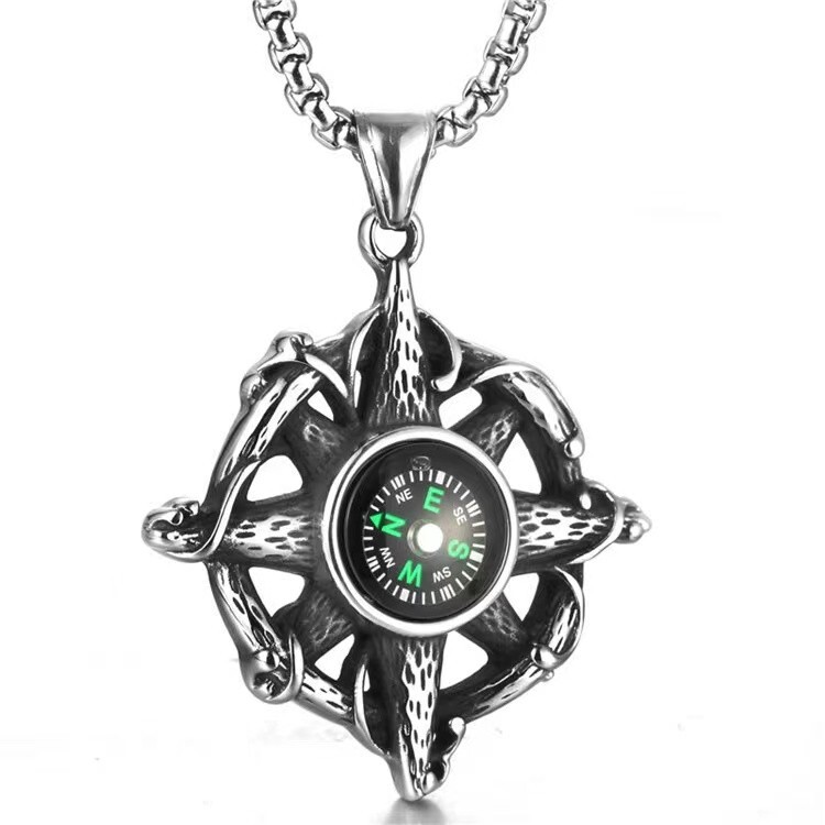 Silver Nautical Compass Pendant Necklace Protection Jewelry For Men Chain 24″
