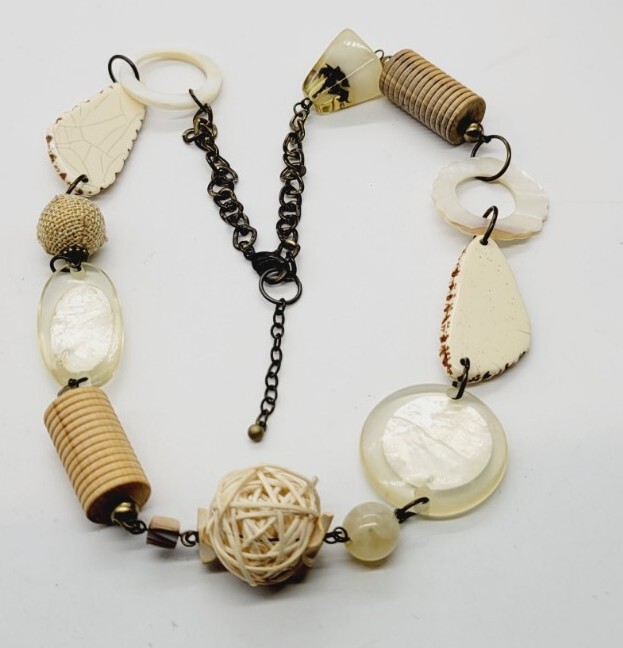 Chunky Necklace Wood Acrylic Metal Marbled Ivory Colors Asymmetrical 32 in