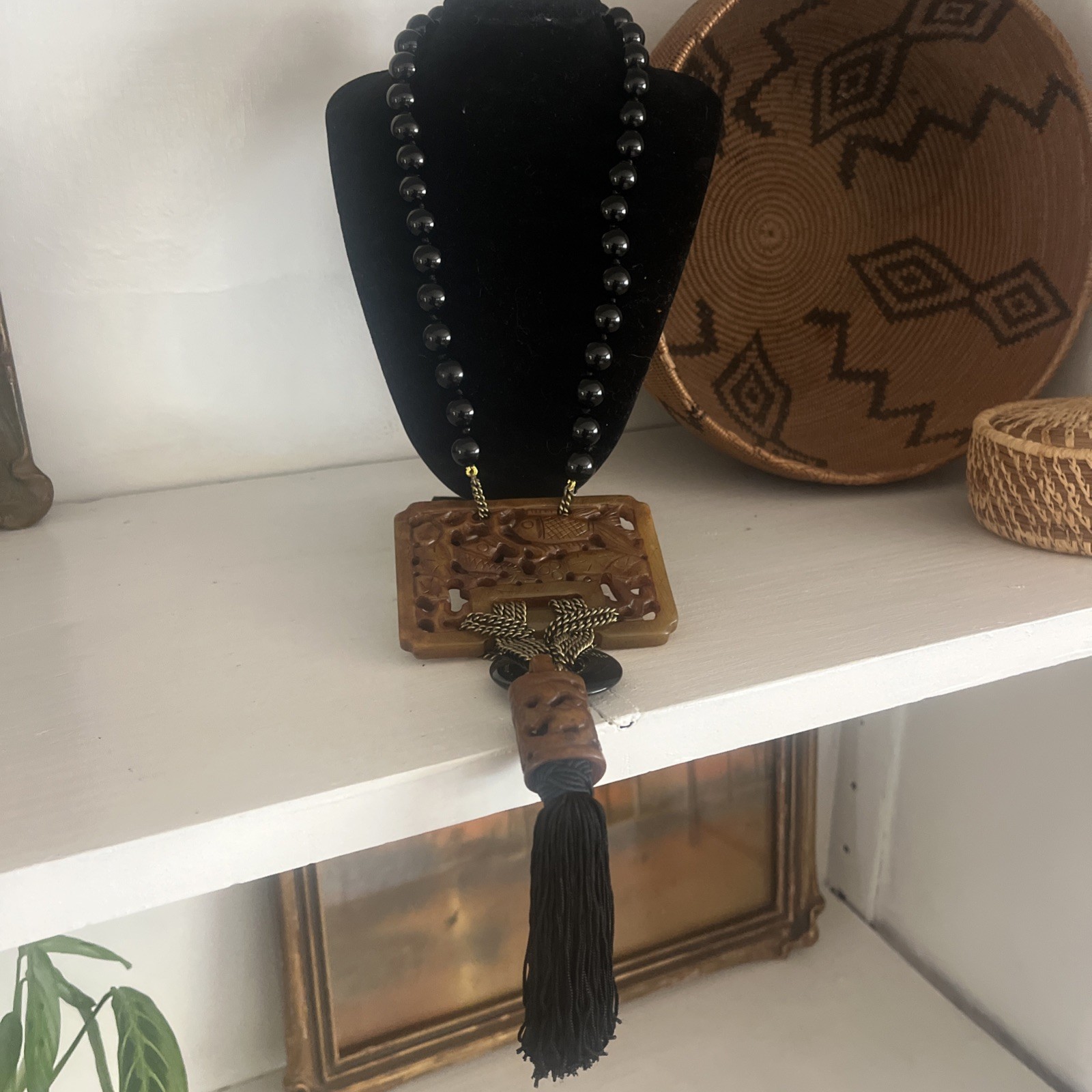 Heidi Daus Asian Design Chinoiserie Necklace Onyx Beads Carved Pendant Tassel