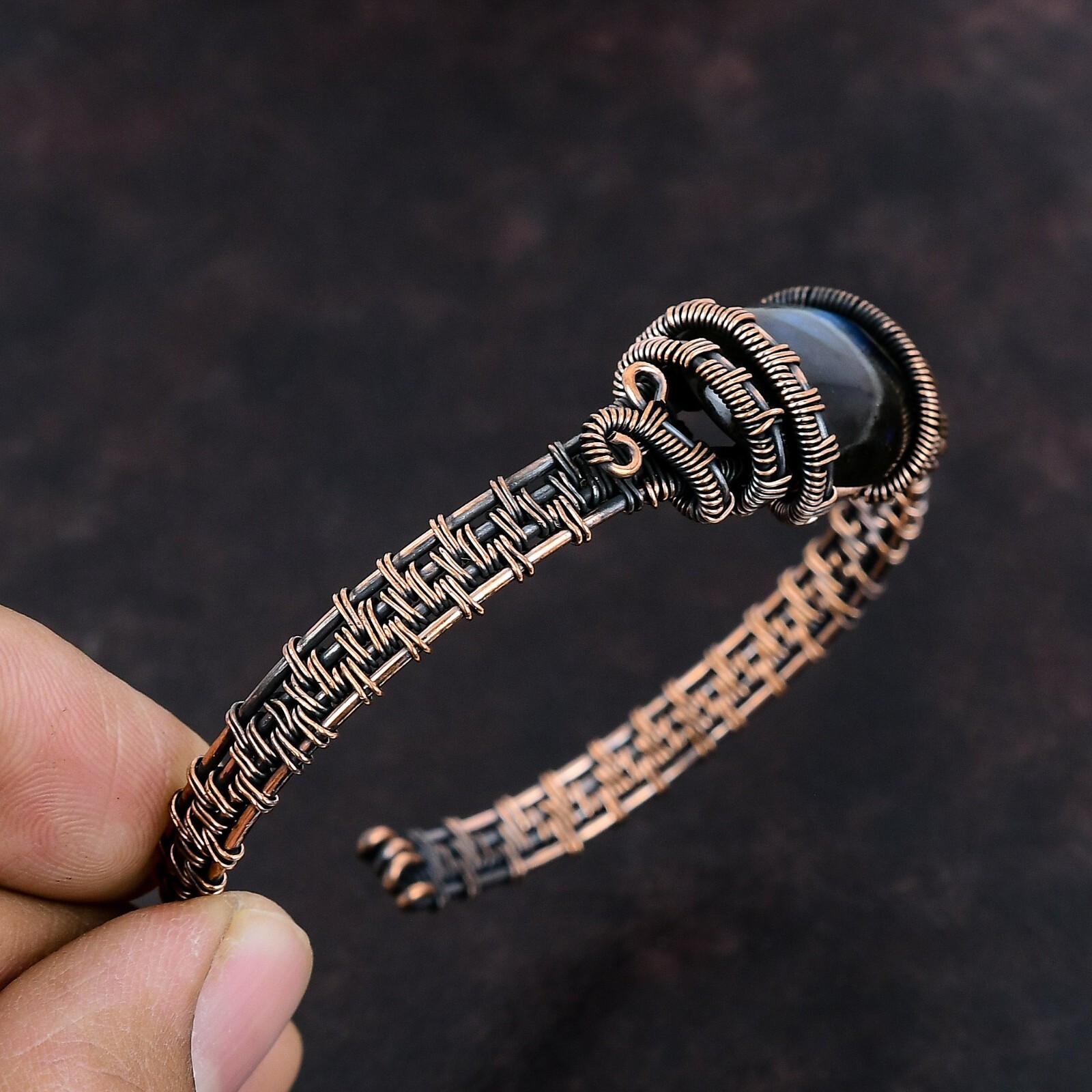 Gift For Her Natural Labradorite Bangle Wire Wrapped Adjustable Unknown Copper