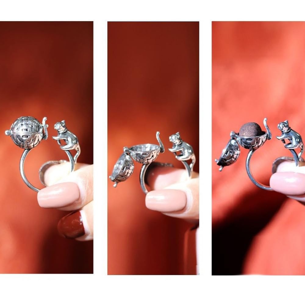Unique Cat Ring Aromatherapy Finger Open Adjustable Ring Cute Naughty Cats Fa…
