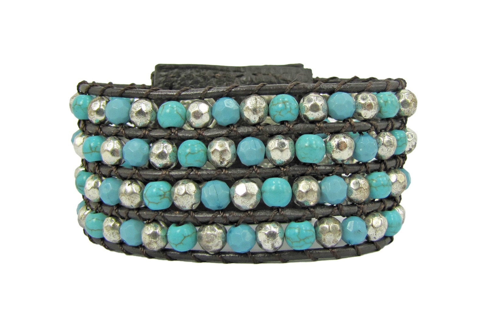 Wide turquoise and silver beaded leather bracelet , snap closure, brown leather