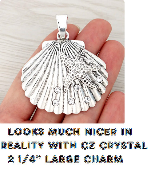 LARGE SEA SCALLOP SEASHELL STARFISH Cz Pendant 22″ 925 Sterling Silver Necklace