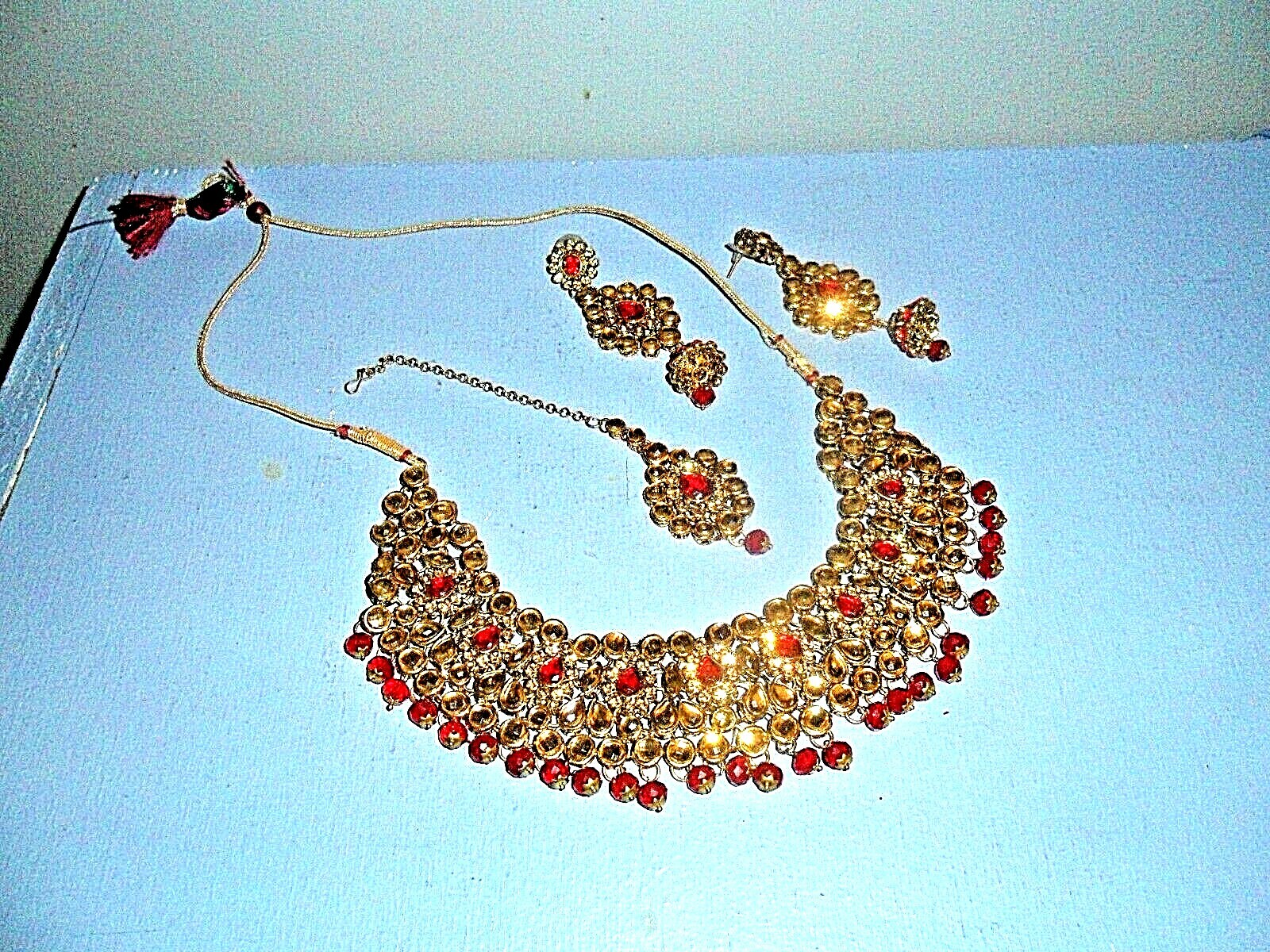 Ruby Faceted Bollywood CZ Wedding Choker Necklace Drop Earring Jewelry Set