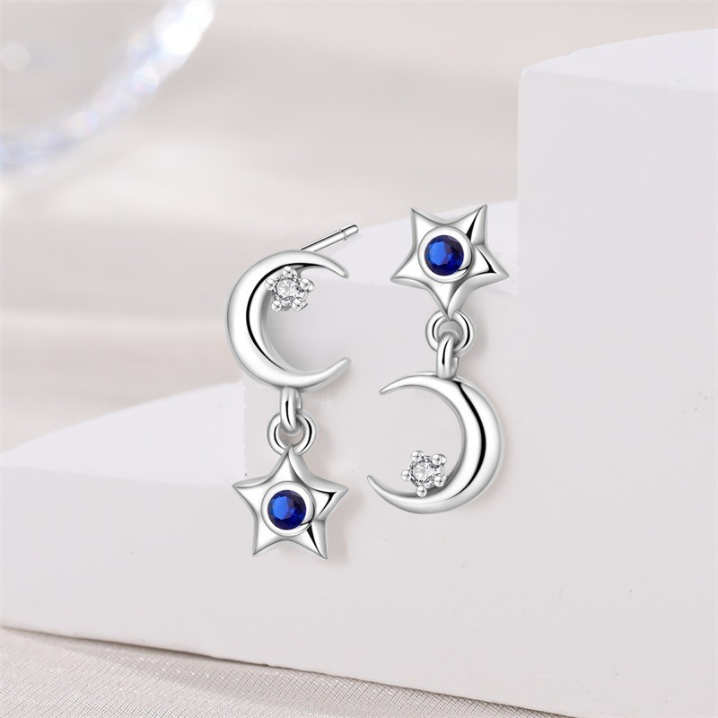 KUNSIR 925 Sterling Silver Mini Asymmetric Star Moon Stud Earrings Women Jewelry