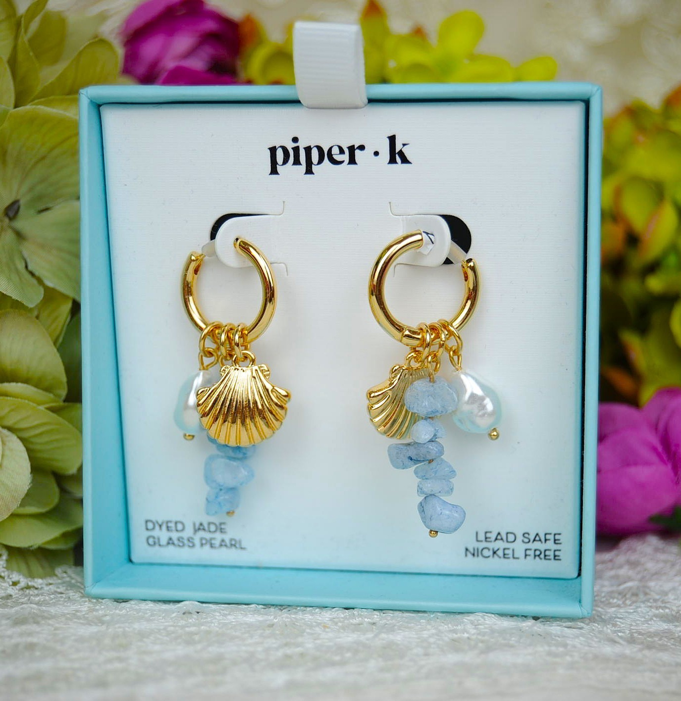 NEW IN BOX Piper K Charm Earrings, Dyed Jade, Glass Pearl