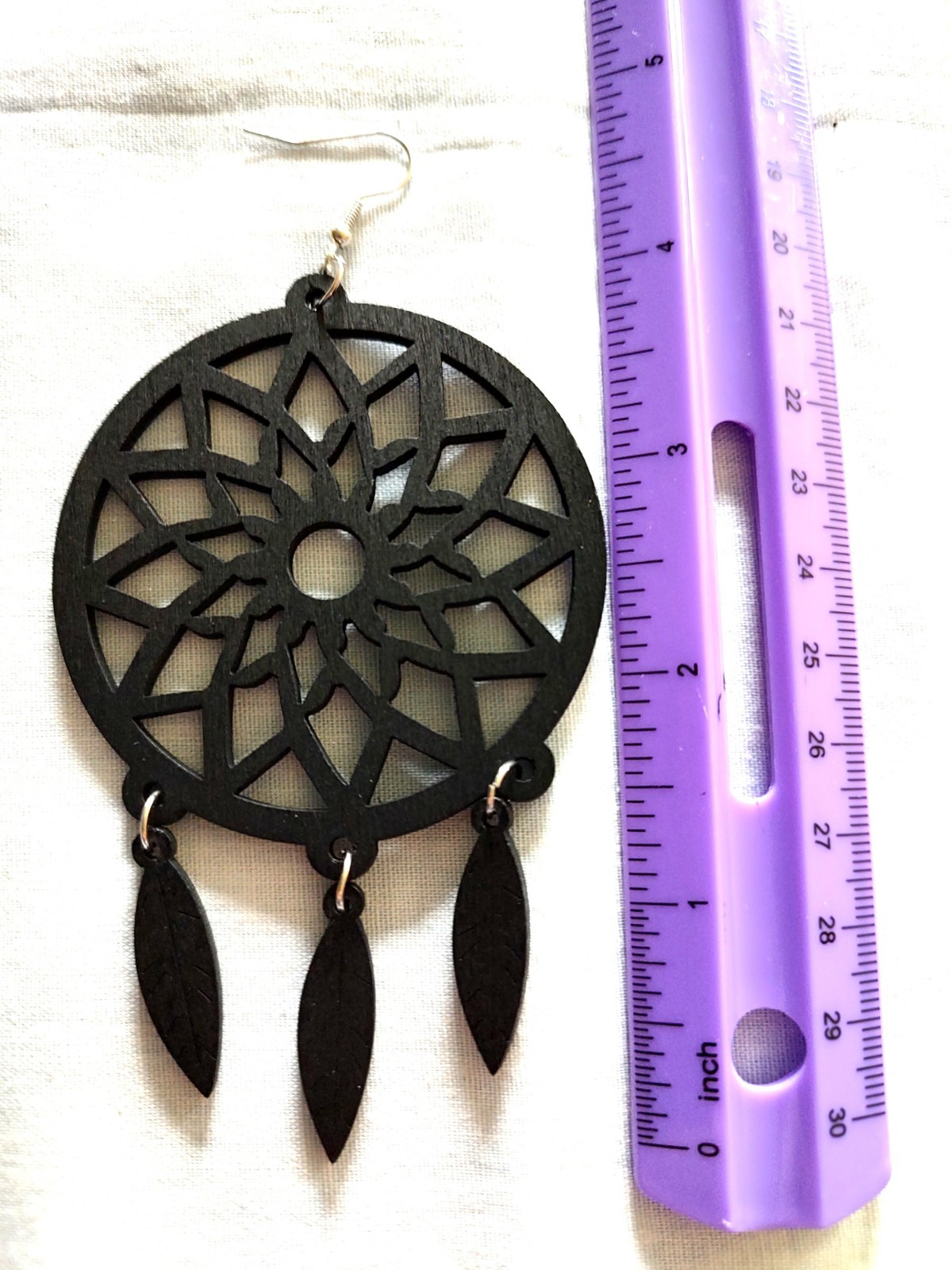 BLACK WOODEN DREAM CATCHER 3 FEATHERS REAL WOOD PAIR OF EARRINGS