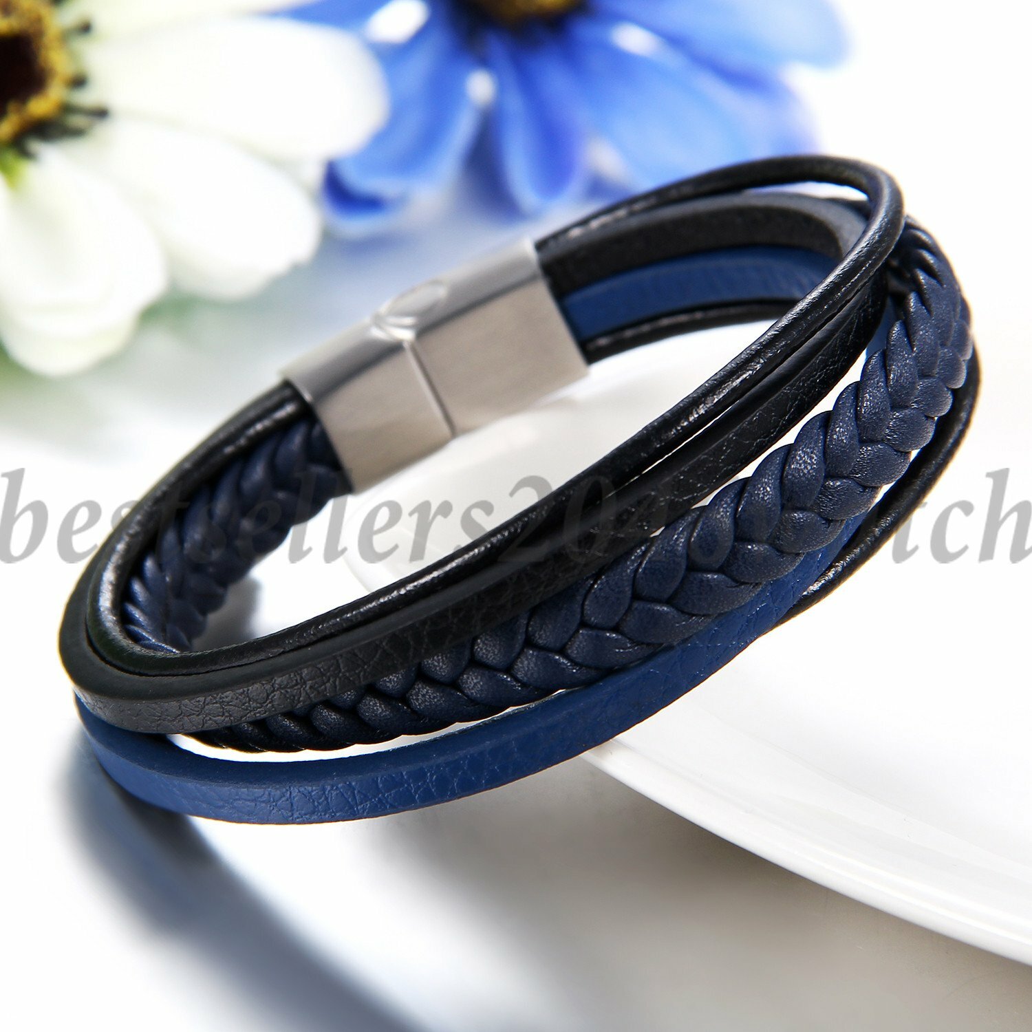 Men’s Braided Leather Bangle Bracelet Stainless Steel Clasp Handmade Wristband