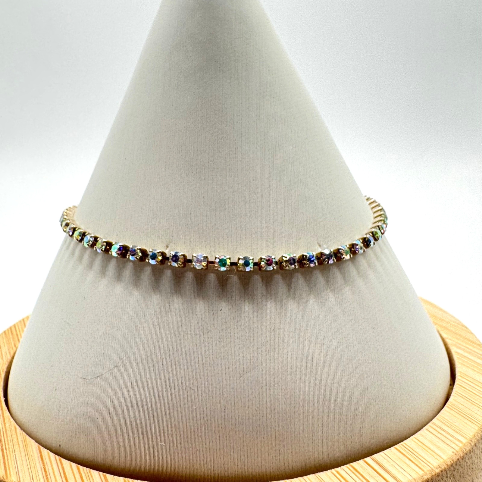 Vintage Aurora Borealis AB Rhinestone Tennis Bracelet Gold Tone Fold over Clasp