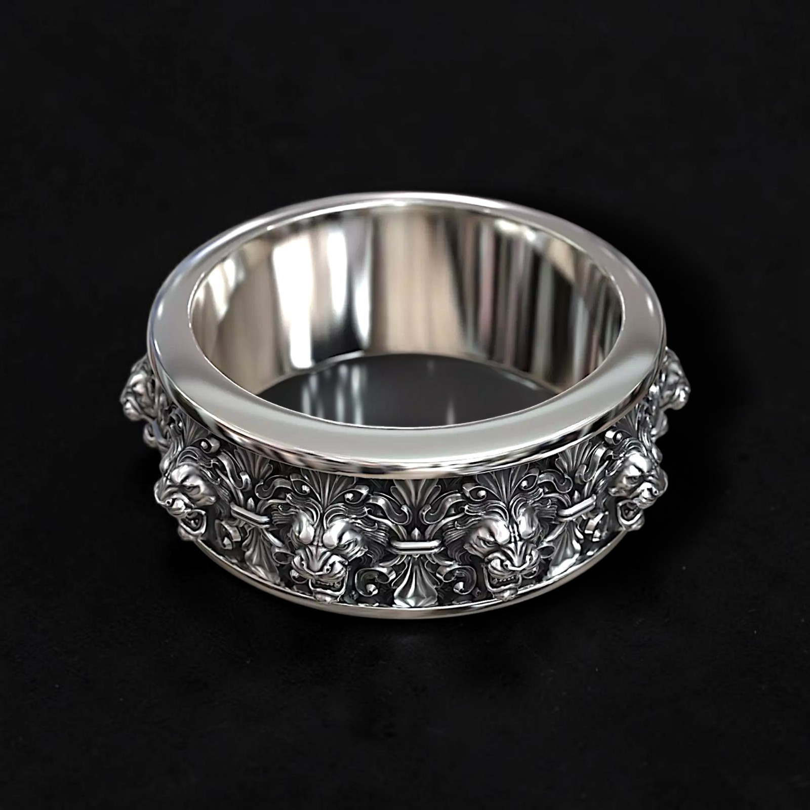 Sterling Silver Lion Head Ring: Victorian Gothic Band for Men