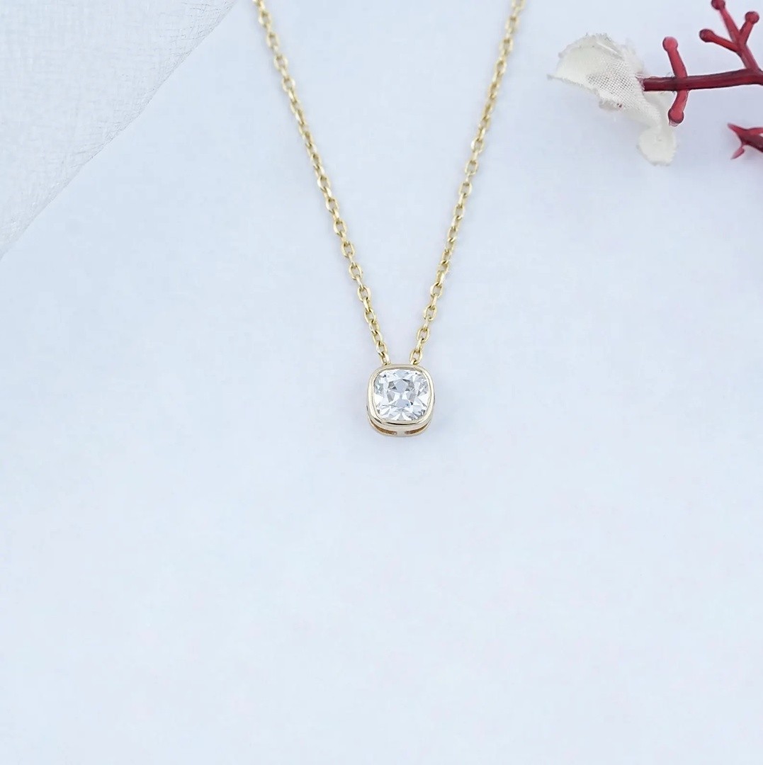 3.00 Ct Cushion EF VS Lab Grown Diamond Solitaire Bezel Necklace 14K Yellow Gold