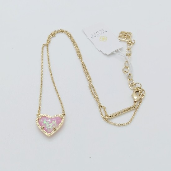 New Kendra Scott Ari Heart Gold Necklace in Pink Opal