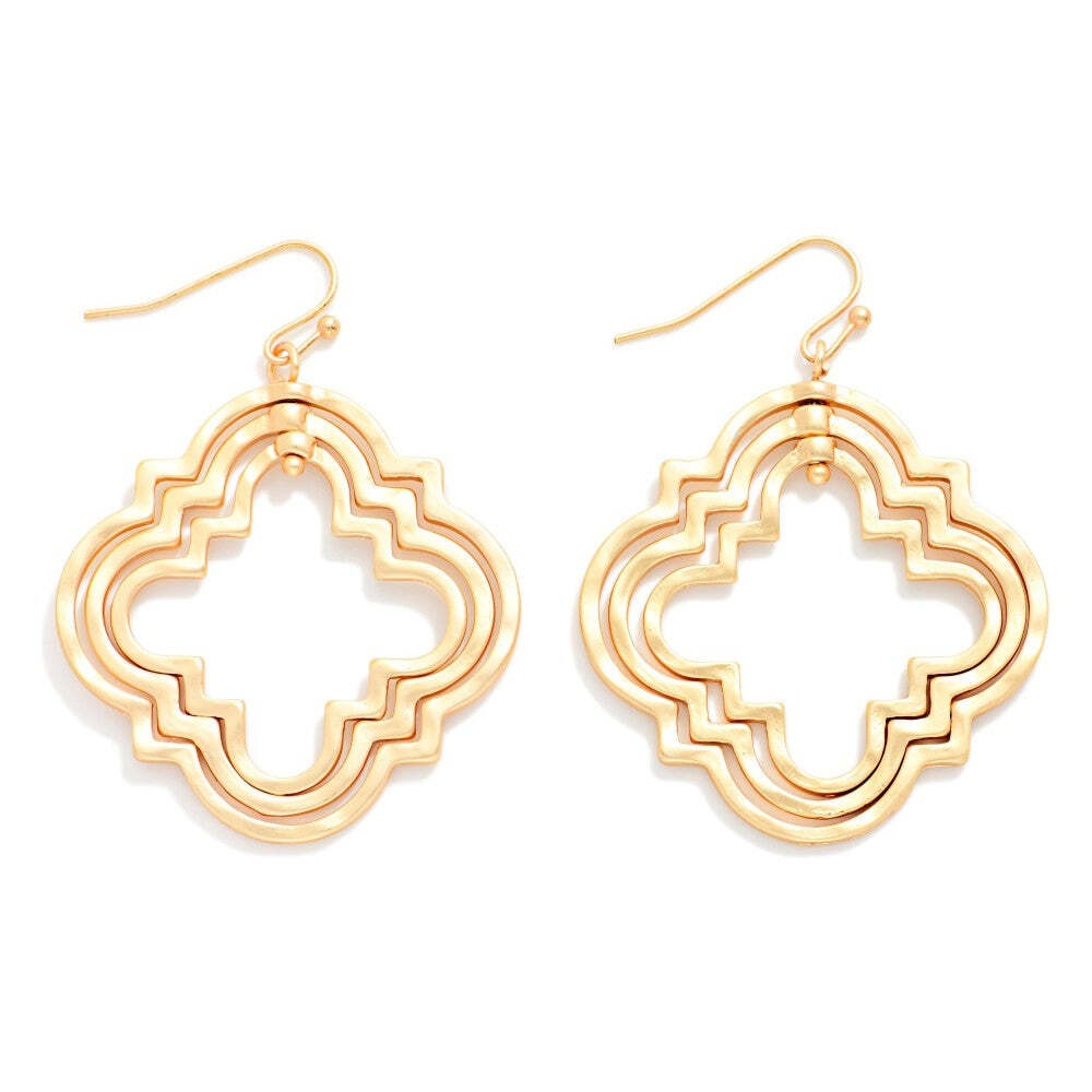 Gold Hammered Quatrefoil Clover Drop Earrings Geometric Statement Dangle