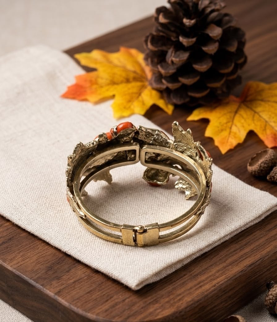 Vintage Autumn Leaf Acorn Hinged Bangle Bracelet Silver Tone Fall Theme Enamel