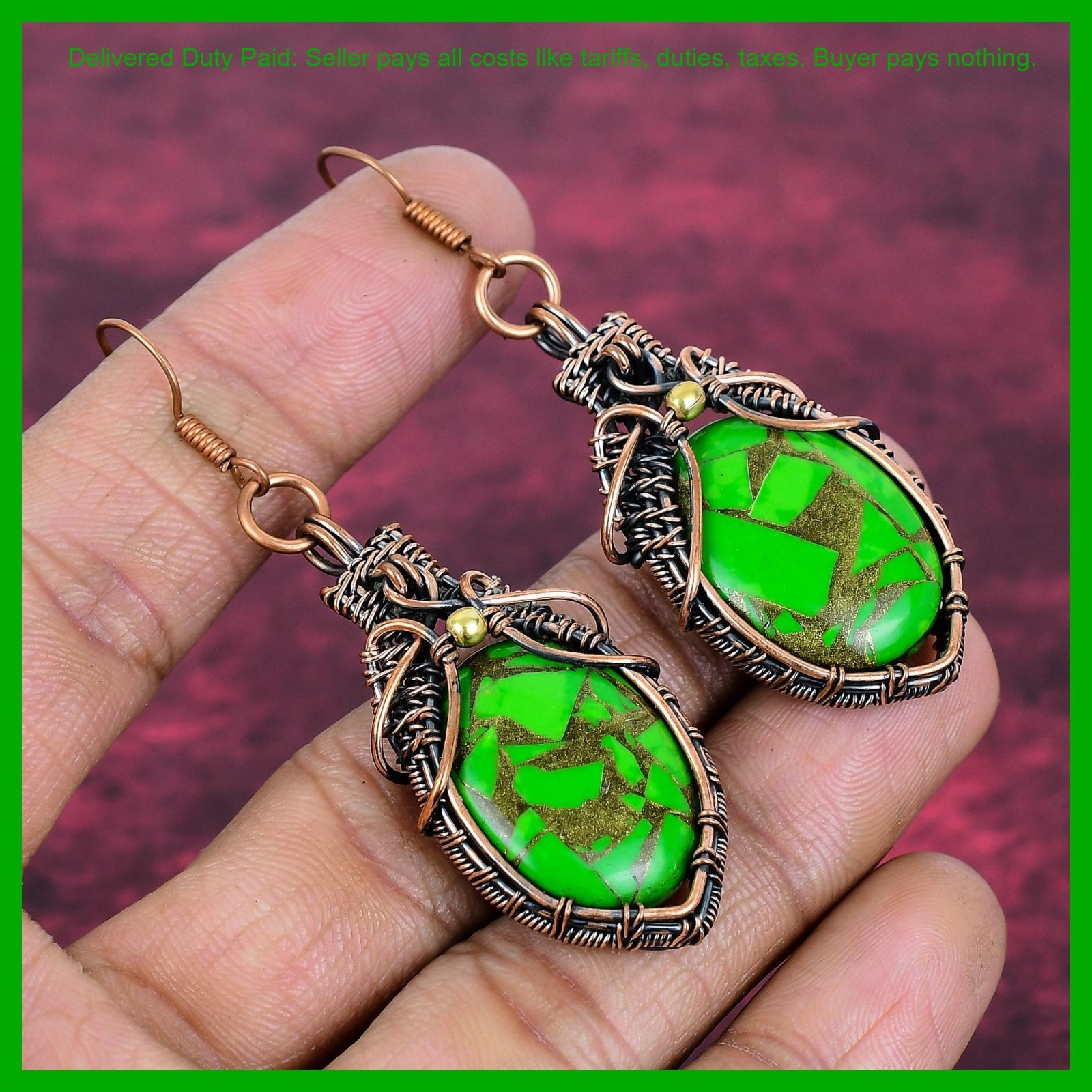 Copper Green Turquoise Gemstone Dangle Drop Wedding Wire Wrapped Earrings Copper
