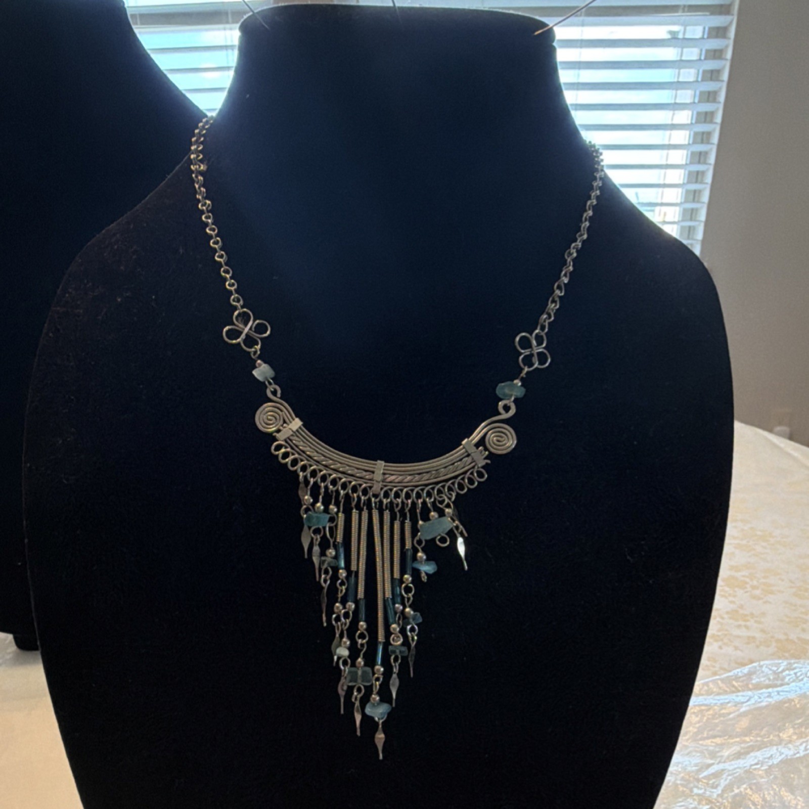 Statement Necklace Silver Tone Blue Chip Tassel Fringe Pendant