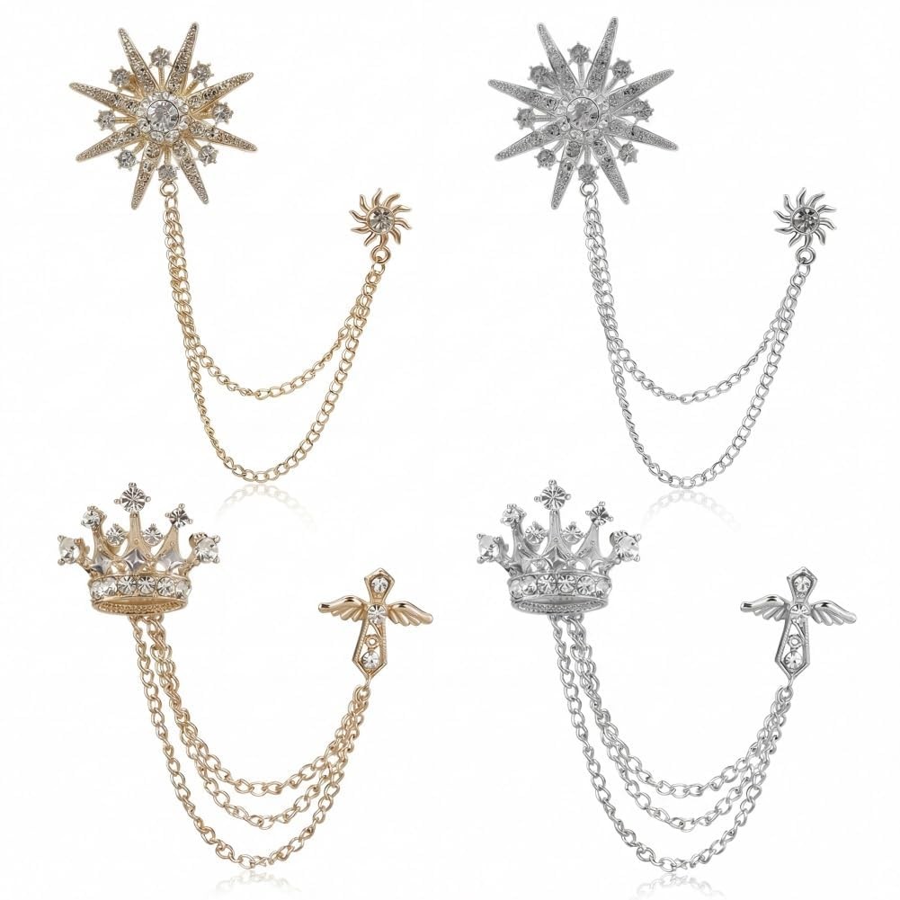 Crystal Men’s Crown Star Hanging Chain Brooch Suit Pin with Crystal Chains and