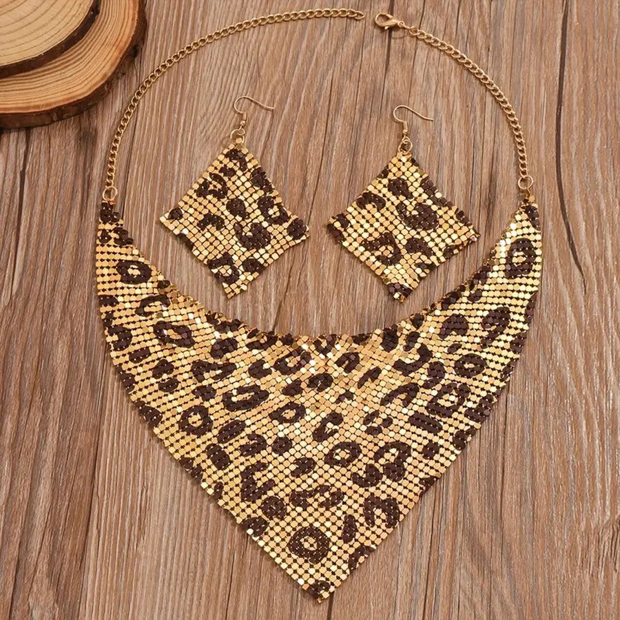 Punk Leopard Metal Mesh Choker Necklace Earrings Set Chunky Statement Jewelry