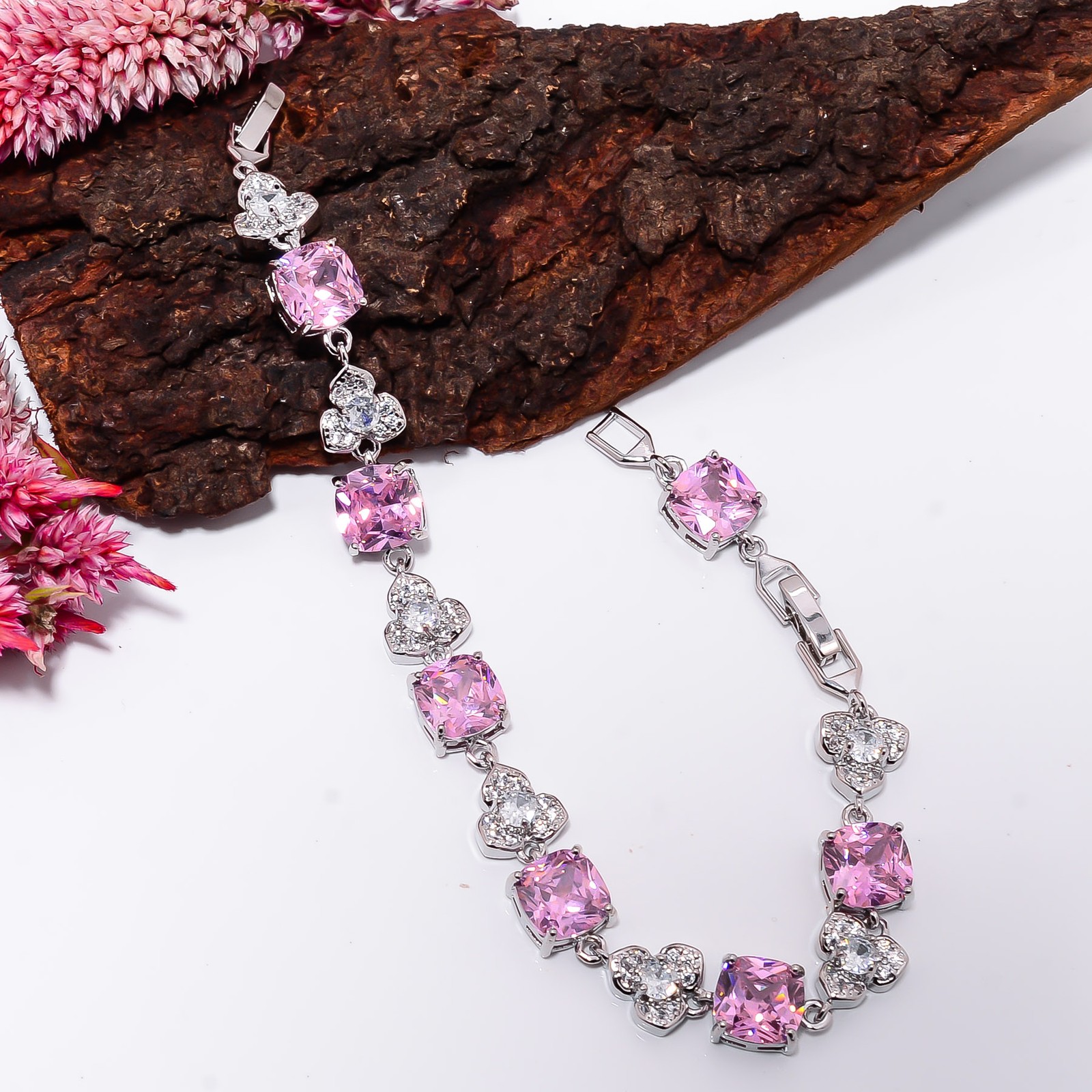 Pink Kunzite, CZ 925 Sterling Silver Adjustable Bracelet 7-8″ B14212