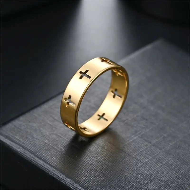 Stainless Steel Cross Hollow Ring Gold Color Cutout Band Wedding Style Rings