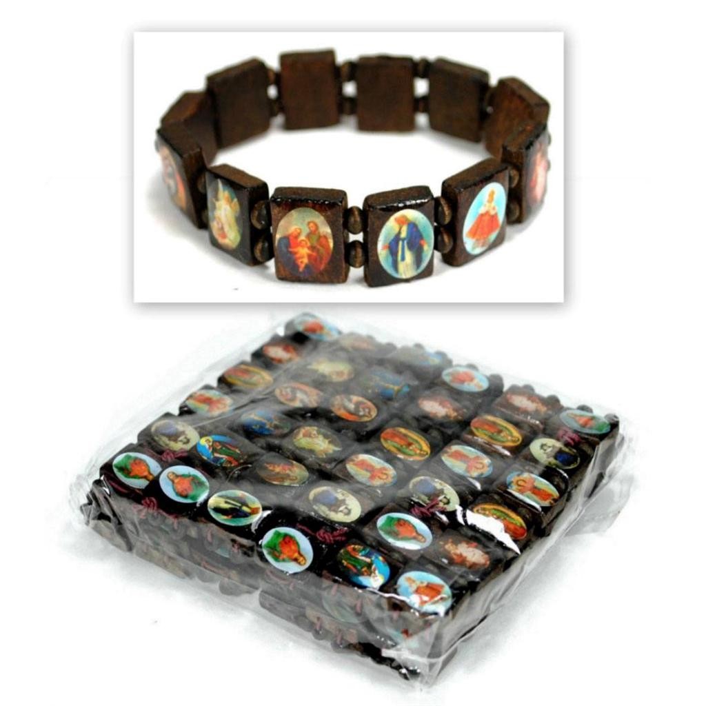 LOT OF 12 SAINT BEAD BRACELET Brown Wood Religious Icon Catholic Stretch Elastic
