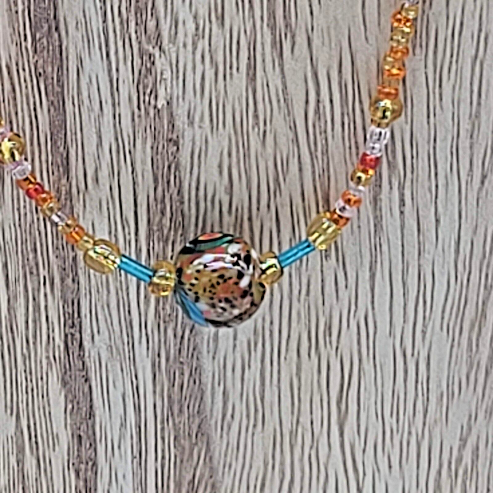 Orange, Yellow & Clear Seed Bead Necklace w Multi-Color Swirled Glass Pendant