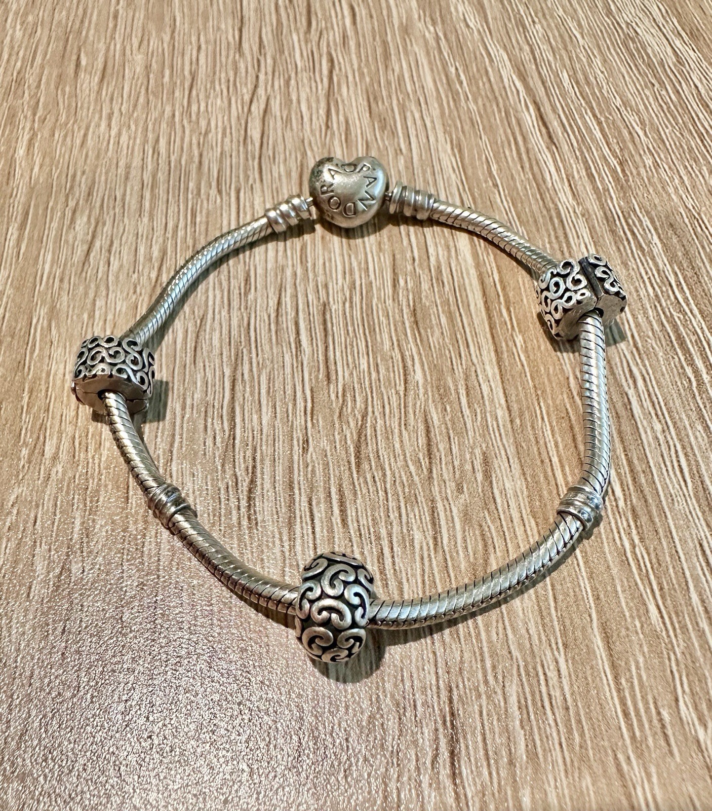 Pandora Moments Silver Snake Chain Bracelet With Heart Clasp 3 Spiral Charms