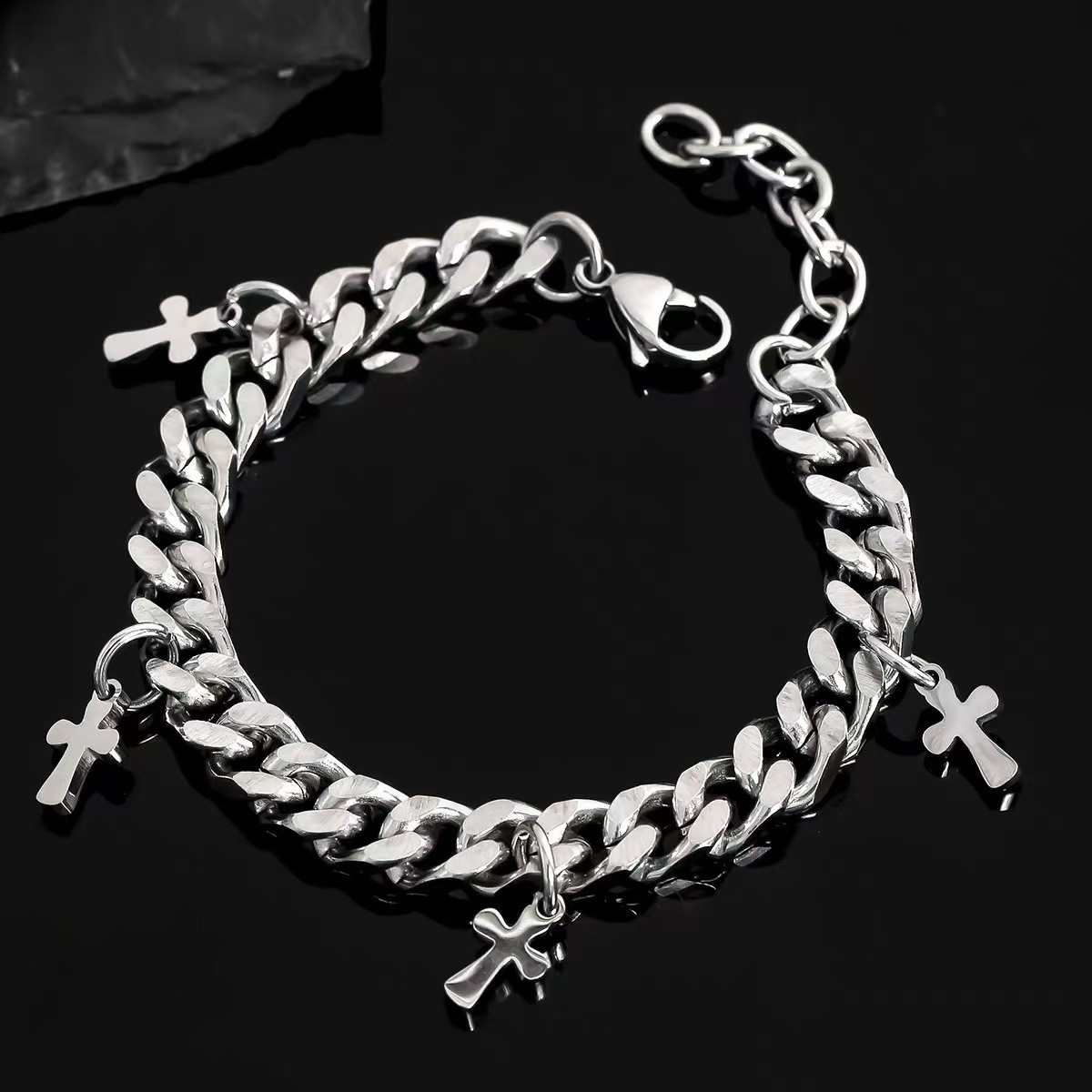 Silver Titanium Steel Alloy Thick Cuban Bracelet Charms Unisex Wrist Jewelry