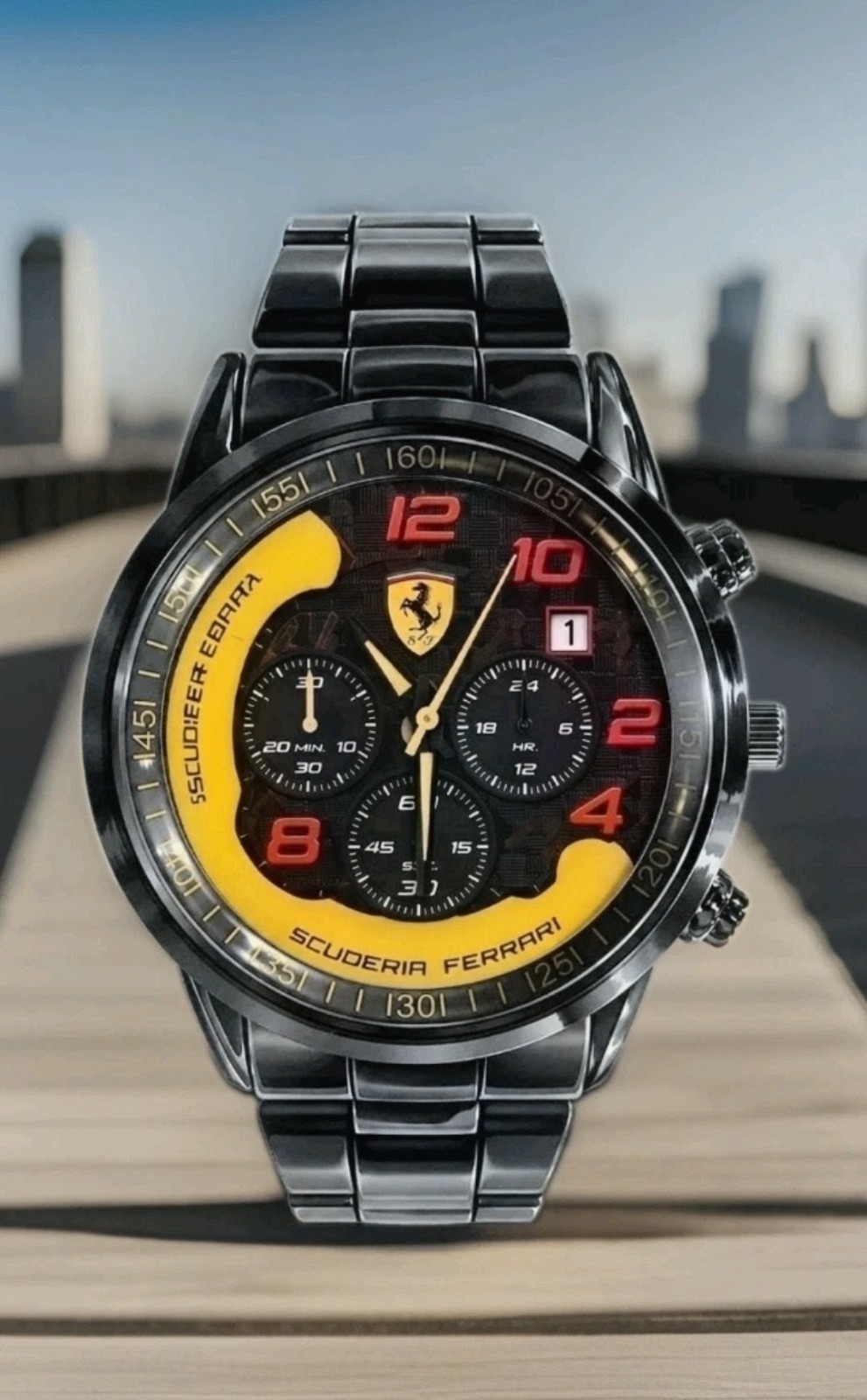 🇦🇹🏁FERRARI TEAM RACING WATCH BLACK STAINLESS & LEATHER BOX BEAUTIFUL 🏁🇦🇹