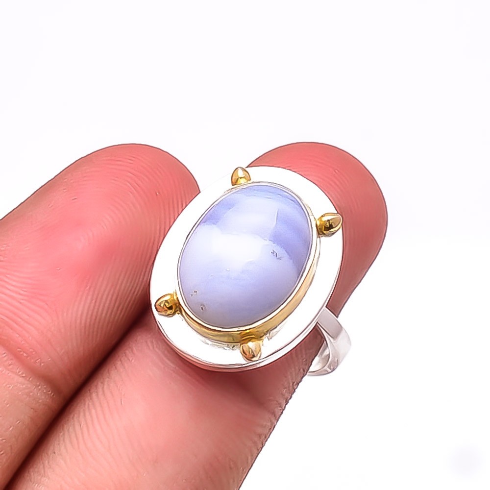 Blue Lace Agate – Namibia Two Tone Designer 925 Sterling Silver Ring S.8 R17