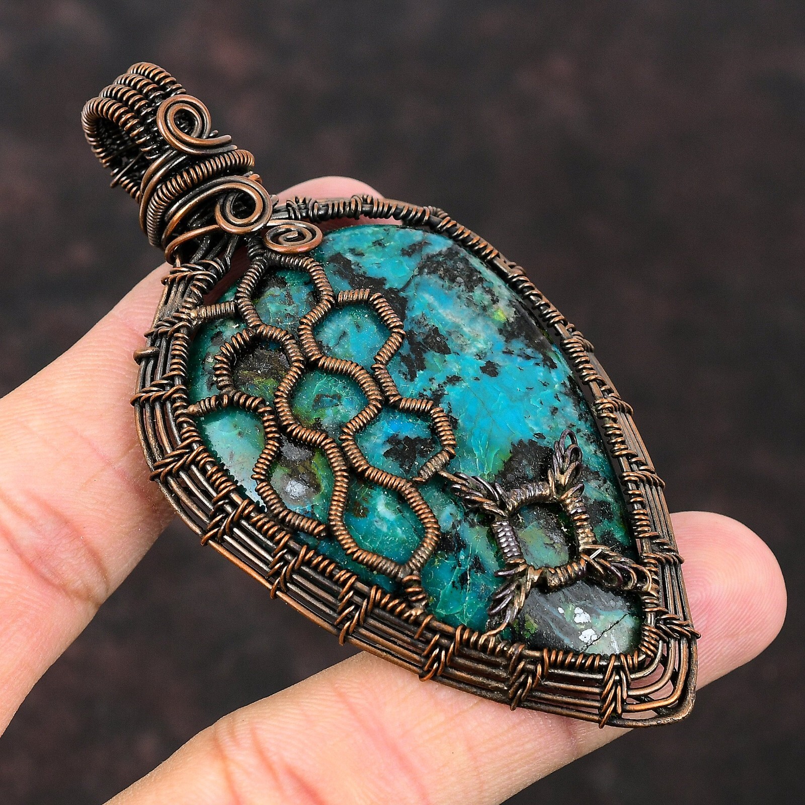 Chrysocolla Jewelry Copper Mom Gift Wire Wrapped Honeycomb Pendant 3.43″